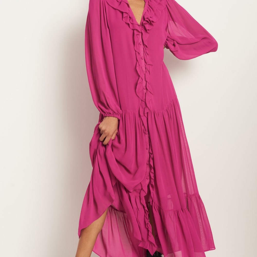 Pink Ruffled Tiered Long Sleeve Gown